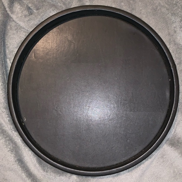 GORGEOUS Kraftware Black Leather Strapped Brushed Silver Chrome Rim Round Tray. - Picture 2 of 5